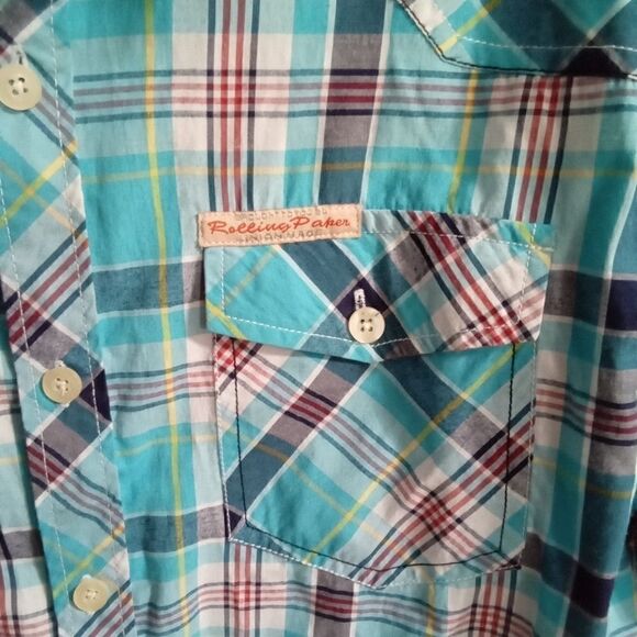 Rolling Paper Co. Short Sleeve Button Down Shirt Size M Blue Plaid Patches - Picture 5 of 8